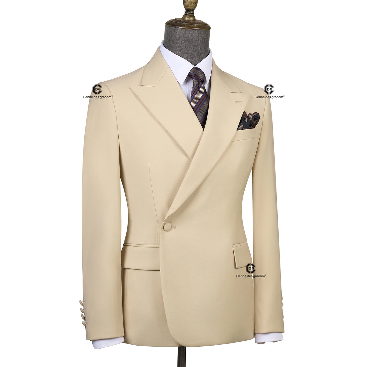Cenne Des Graoom 2026 Beige Double Breasted 1 Button Men Suits With Peak Lapel Tailor-Made For Wedding Groom Meeting Office Wear