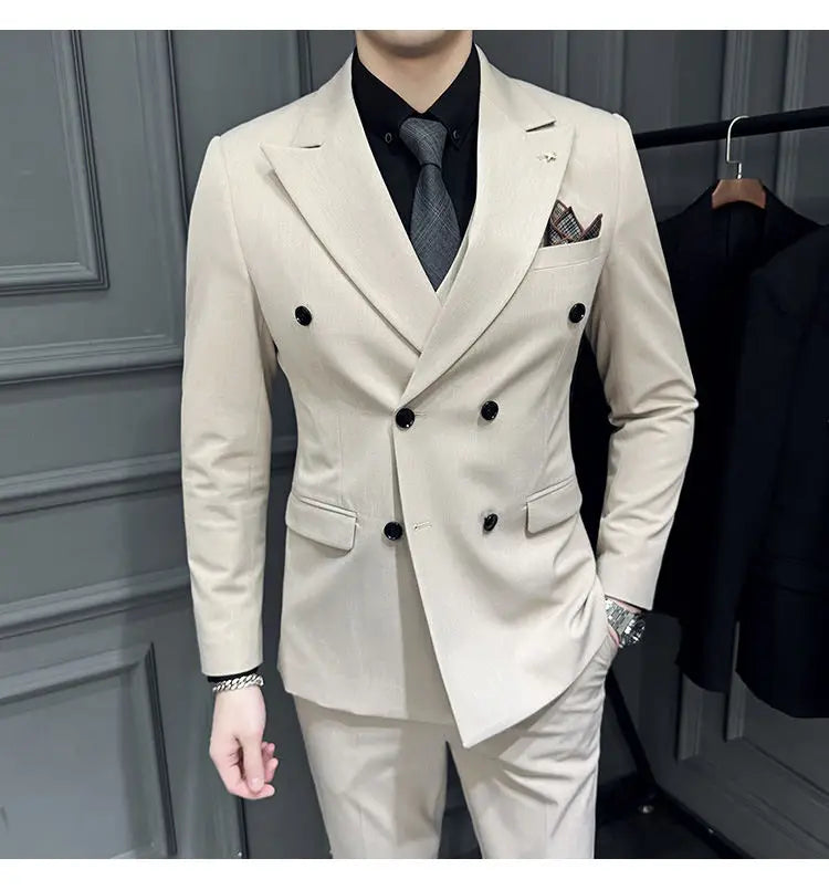 Men's 3 Piece Double‑Breasted Suit Set Slim Fit Solid Color Business Casual Wedding Party Jacket Vest Pants Male Formal Outfit