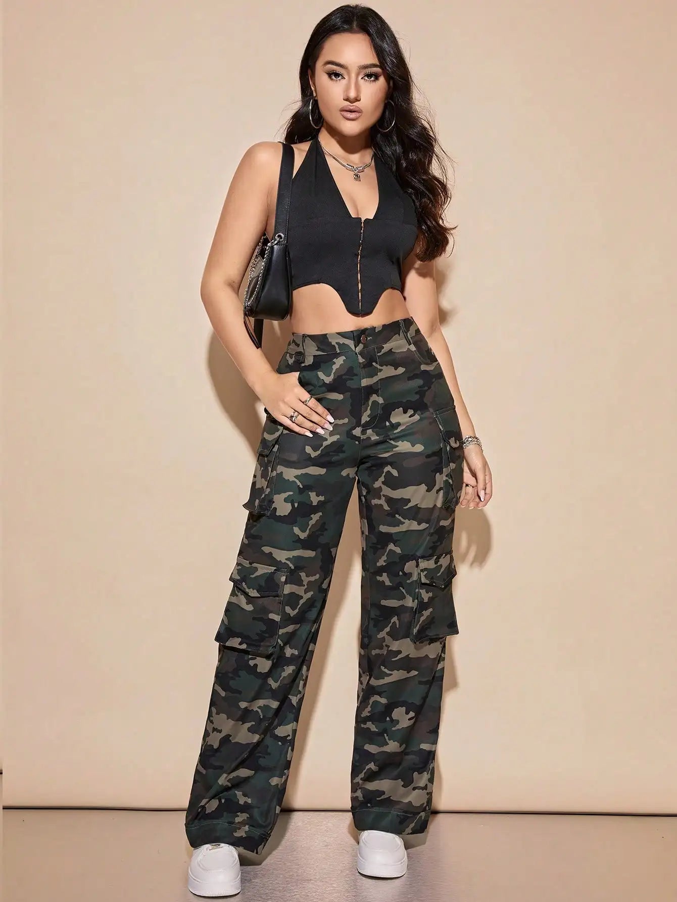 2025 Newest Camouflage Cargo Pants Women's High Waist Wide Leg Pants Loose Pants with Flat Pockets