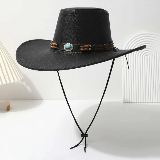 Men Women Vintage Style Cowboy Hat Retro Faux Leather Wide Brim Western Hat with Concho Band for Outdoor Activities