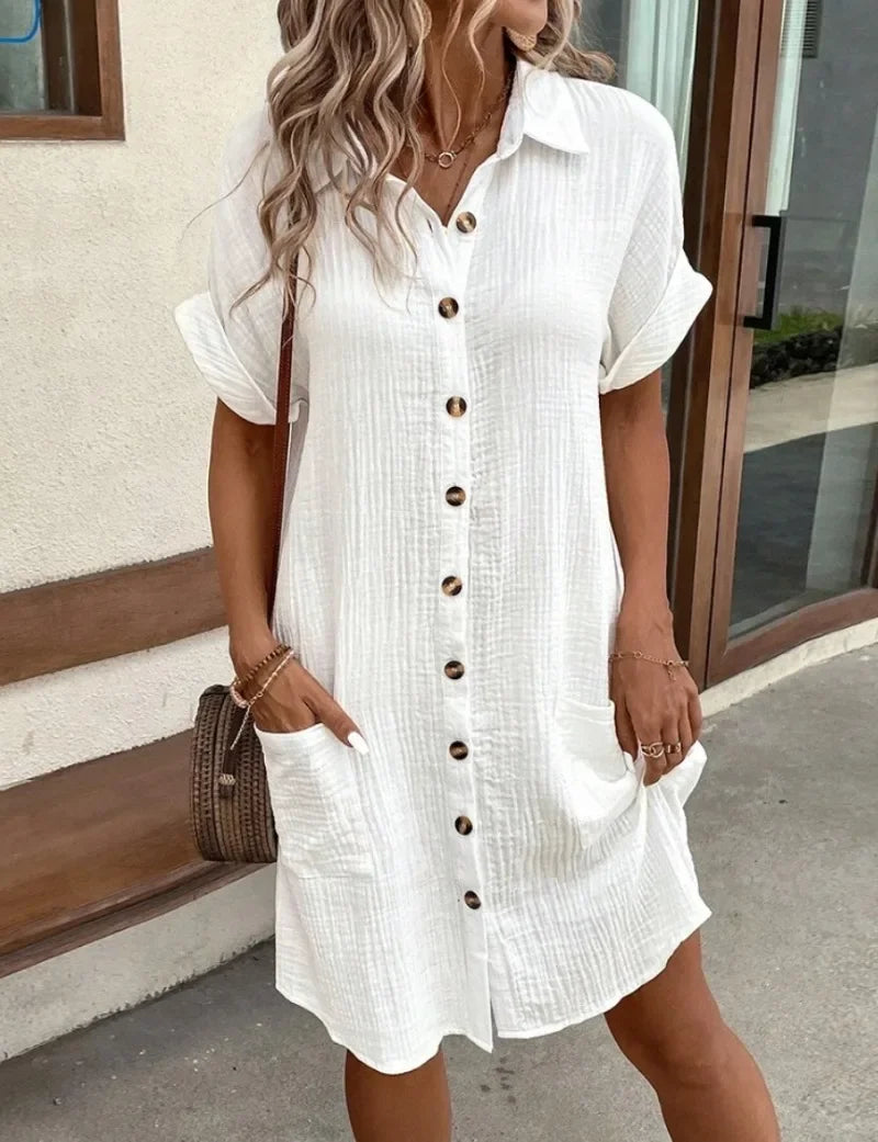 Women's Fashion Summer Minimalist V-neck Button Up Dress Woman Cotton Linen White Short Sleeved Pocket Casual Loose Shirt Dress