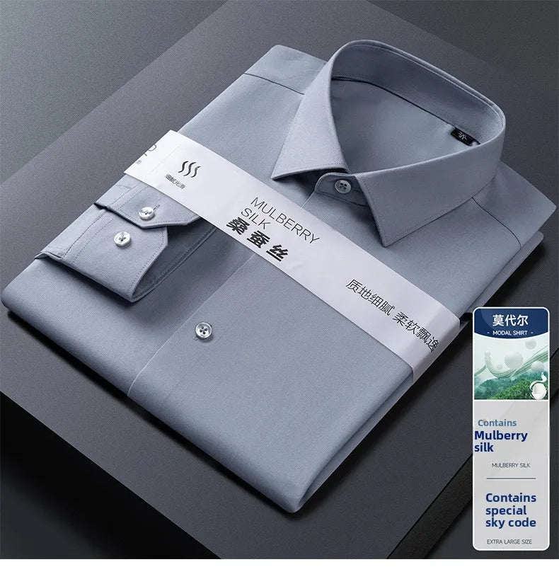 Men's long-sleeved high-end mulberry silk formal shirt, business pure color fashion shirt, plus size