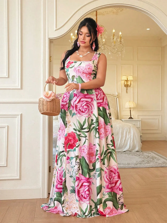 Elegant Floral Print Floor-Length Dress For Women Plus Size Resort Party Gown