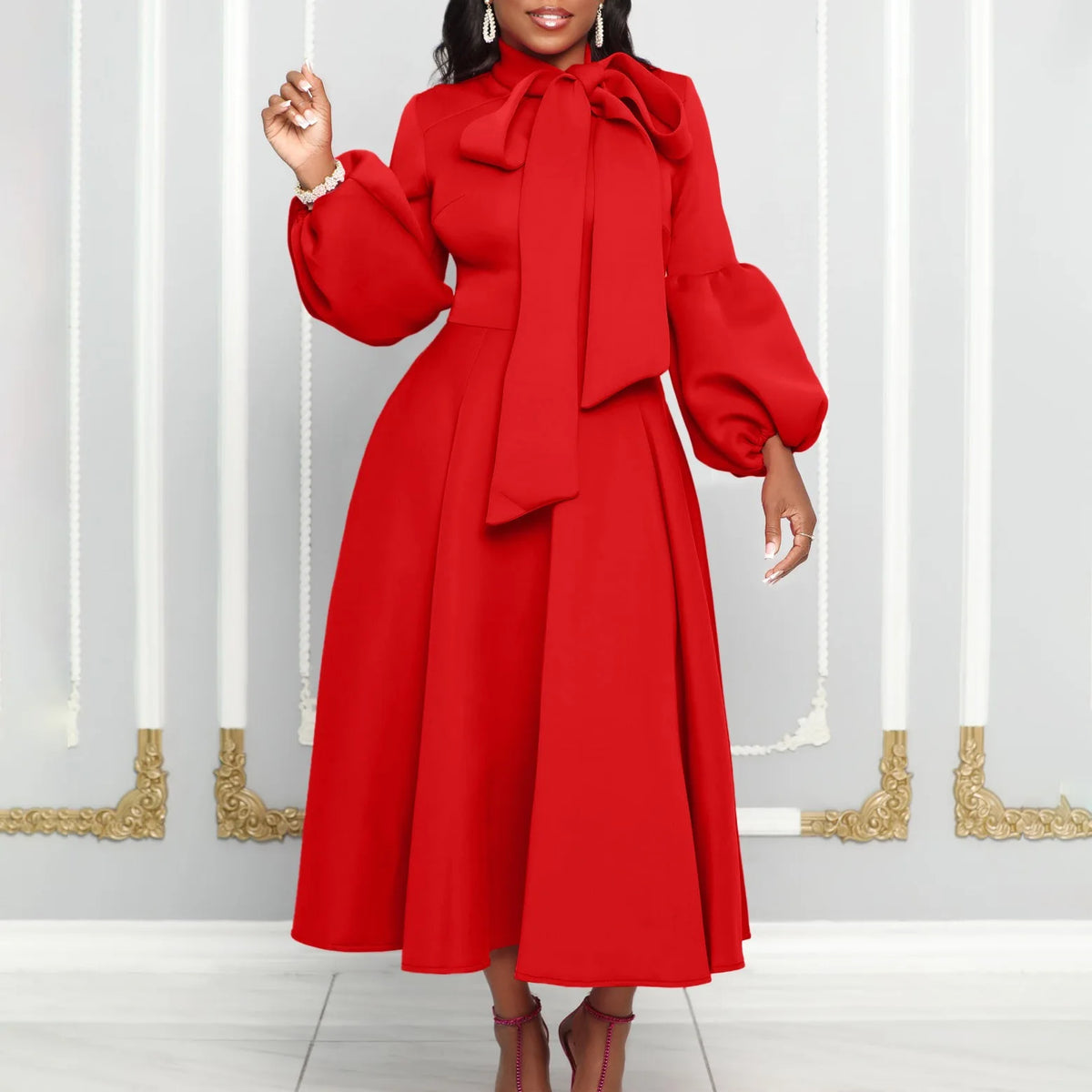 Elegant Party Dresses for Women Luxury Woman 2024 Bow Collar Full Sleeve High Waisted Pleated Mid Calf Birthday Dinner Celebrate