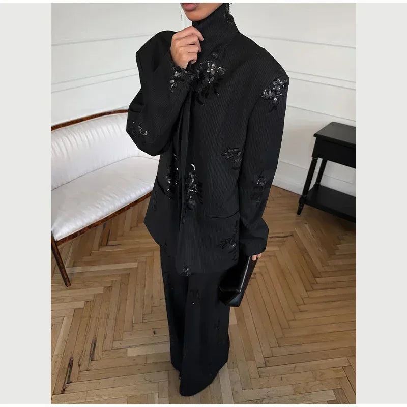 Women Black Floral Print Sequin Embroidery Two-piece Pant Suit Oversized Blazer Wide Leg Pants Formal Evening Matching Outfit