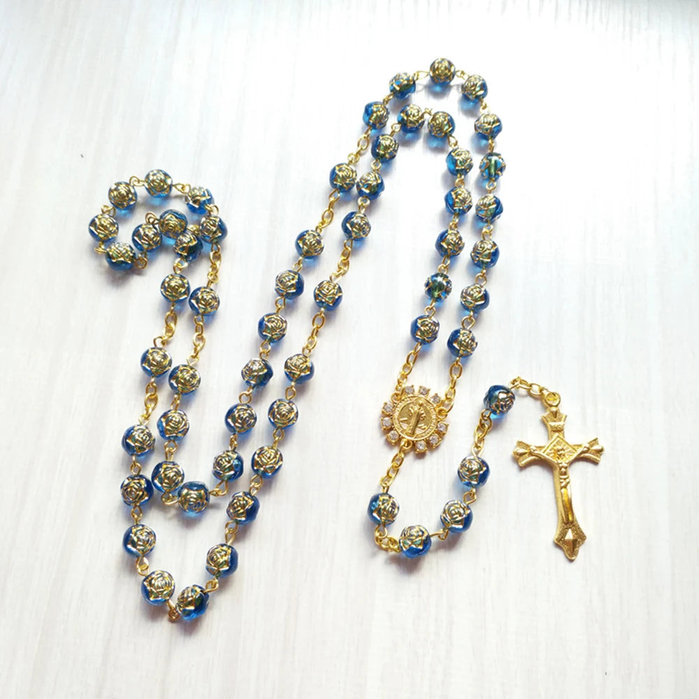 Cottvott  Rhinestone St Benedict Medal Rosary Necklace Religious Blue Rose Prayer Beads Chain Crucifix Cross Pendant Jewelry