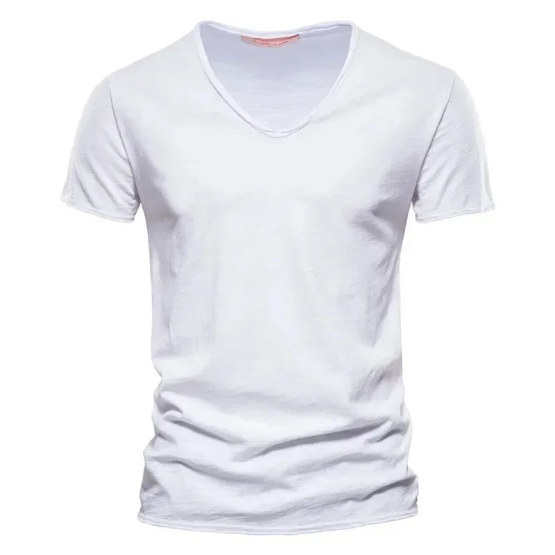 2024 hot summer men's new solid color V-neck pure cotton short sleeved T-shirt hot selling men's T-shirt top