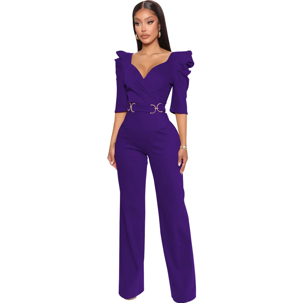 Sexy fashion solid color seven-quarter sleeve V-neck women's jumpsuit SMR10805