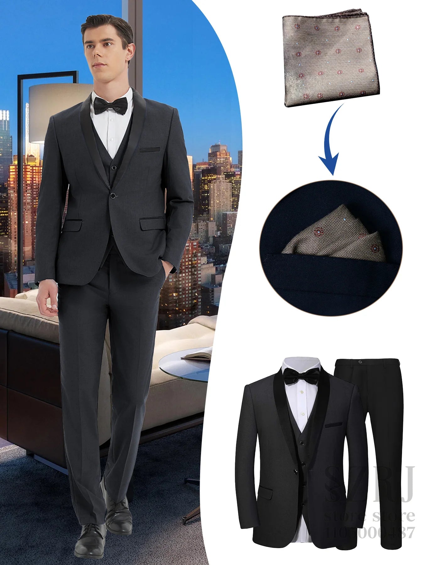 Men'S 4pcs Tuxedo Suit: Jacket, Vest, Dress Pants &Pocket Square