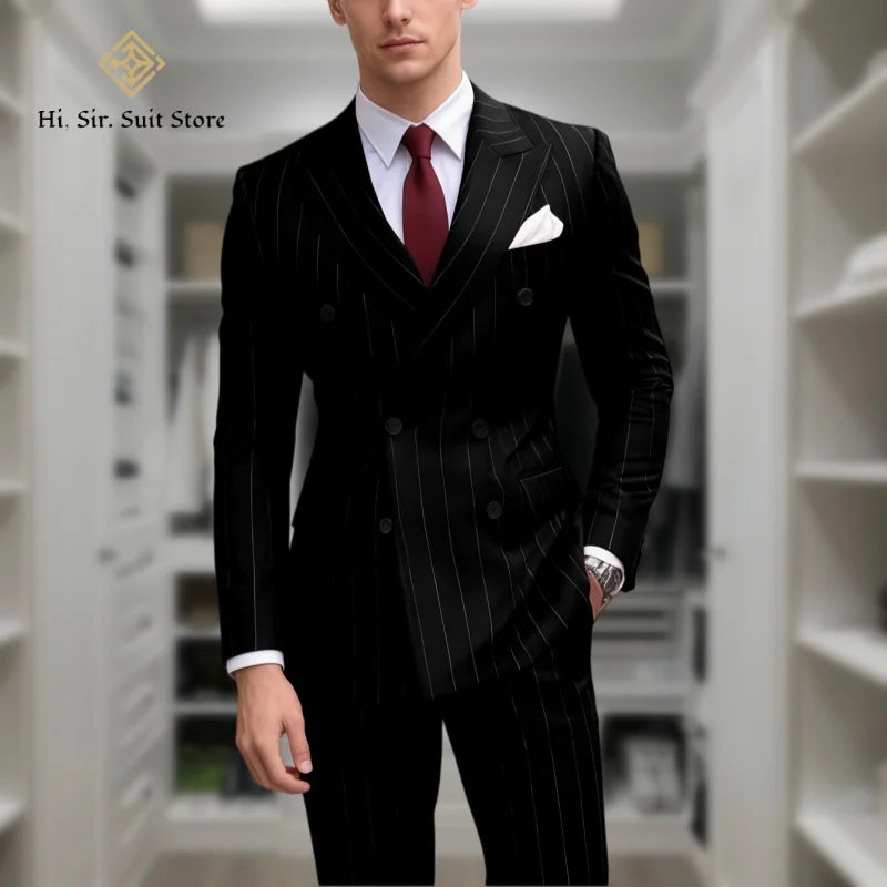 Men's 2-Piece Suit Plus Size Blazer European & American Fashion Striped Double-Breasted Suit Custom-Made Small Batch Blue Jacket