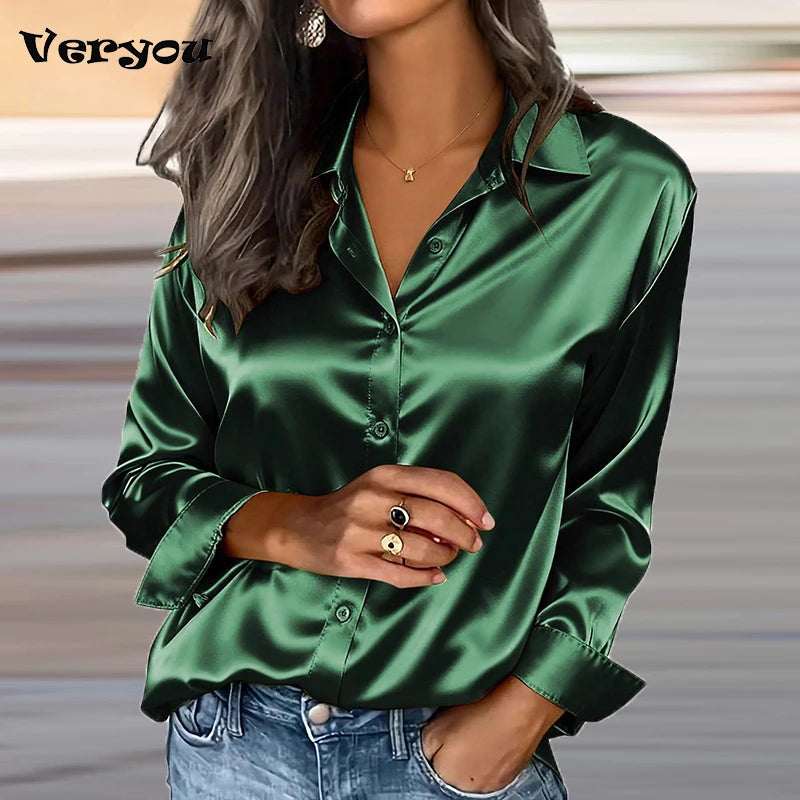 Spring And Autumn Women's Lapel Shirt Button Cardigan Top Black Green Red Elegant Fashion Office Basic Blouses For Female Shirts