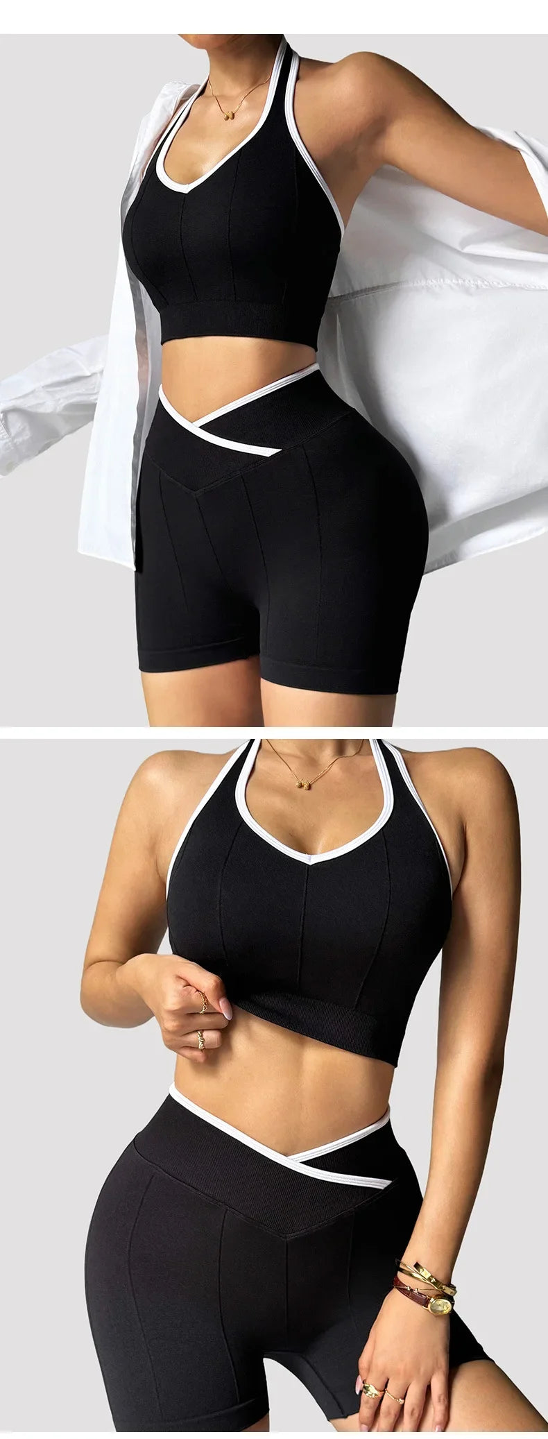 Women Seamless Fitness Yoga Set Outdoor Cycling Set Fashion Cross Waist Sports Leggings Gym Trainning Vest Butt Liftting Shorts