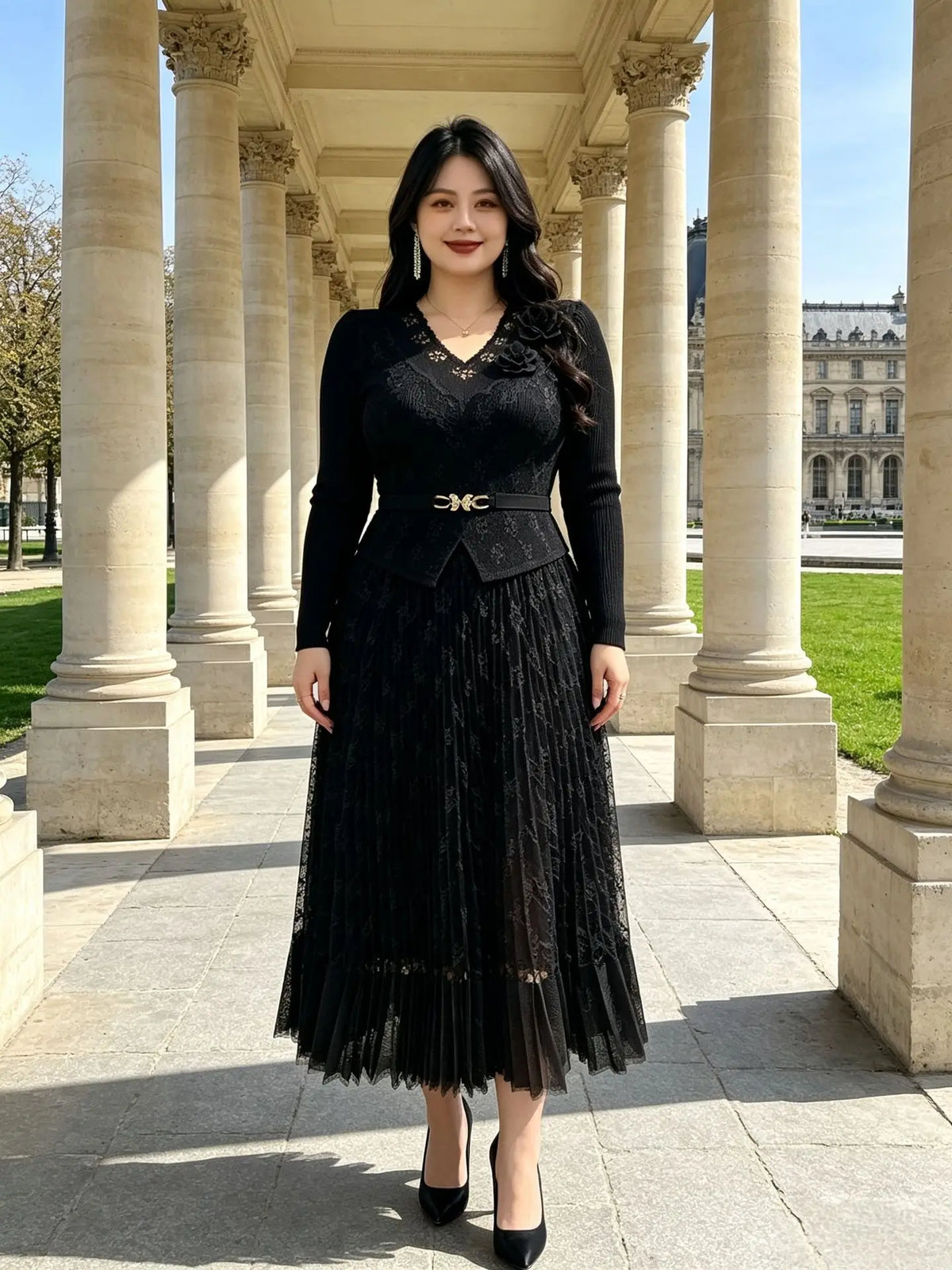 Miyake Pleated Dresses 2026 Autumn New Long Sleeve Fashionable Elegant Lace Splicing Stretchy Women's Plus Size Long Dress