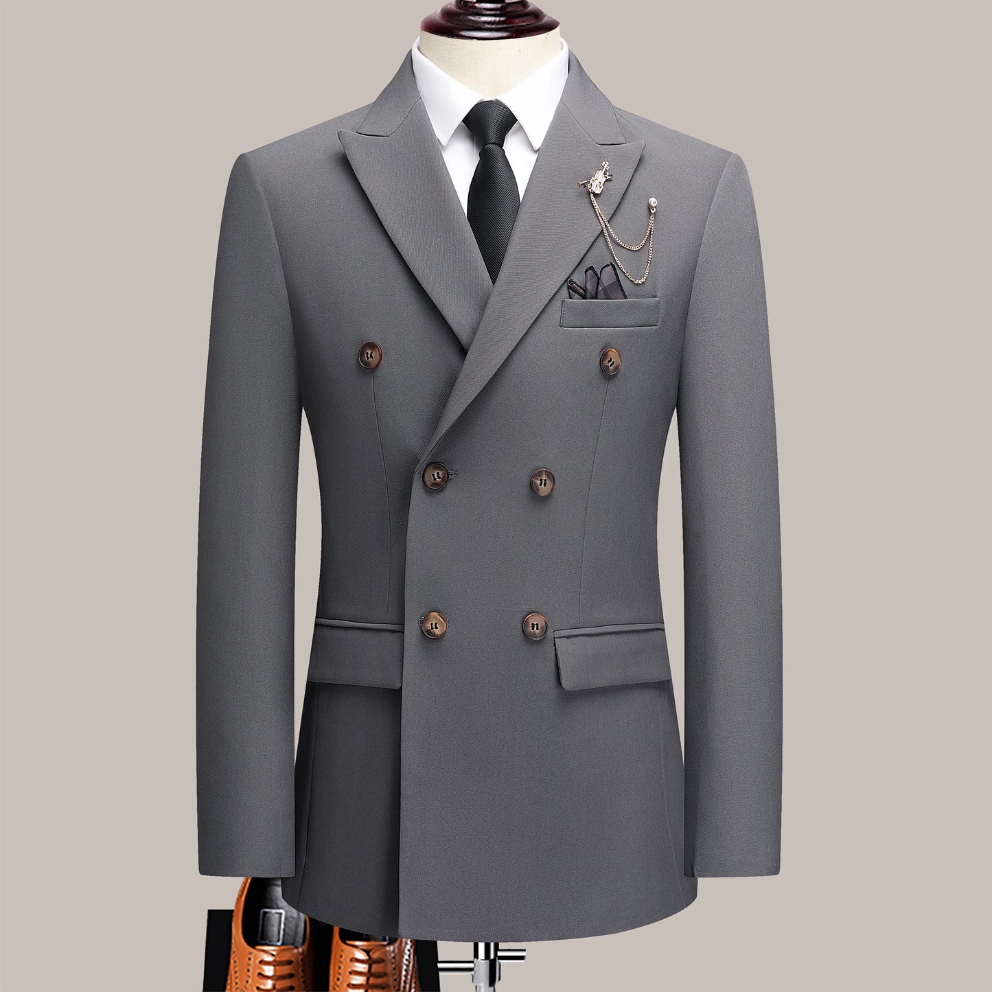 The latest men's solid color suit two-piece set with lapel collar and double breasted buttons for four seasons, men's business s