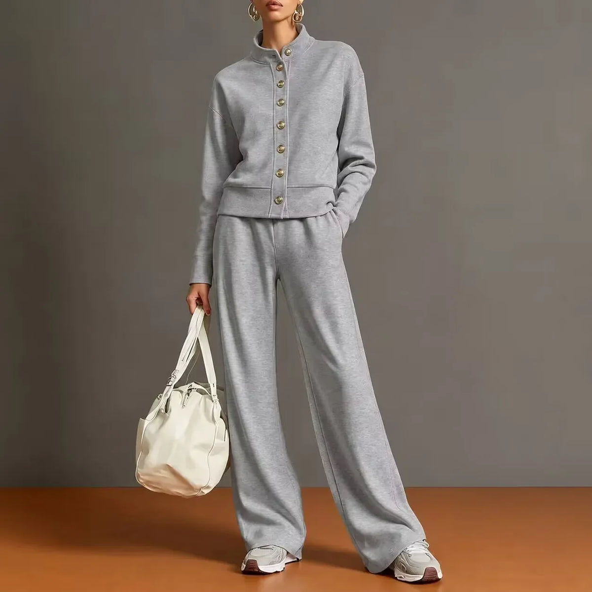 Women 2Pcs Outfit Set Stand Collar Button Sweatshirt Wide Leg Pants Casual Loose Tracksuit Loungewear for Daily Street & Holiday