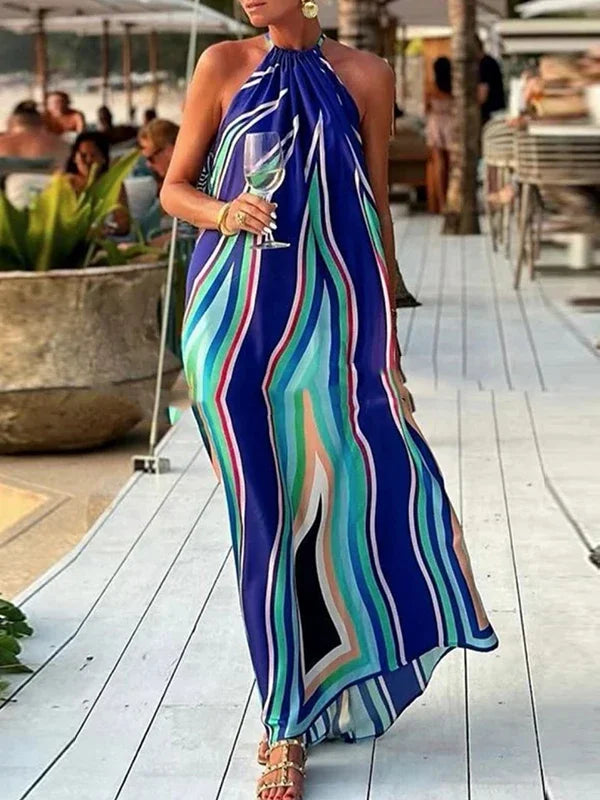 Summer Flowy Maxi Dress for Women 2025 New Colorful Striped Halterneck Sleeveless Party Vacation Beach Long SunDress