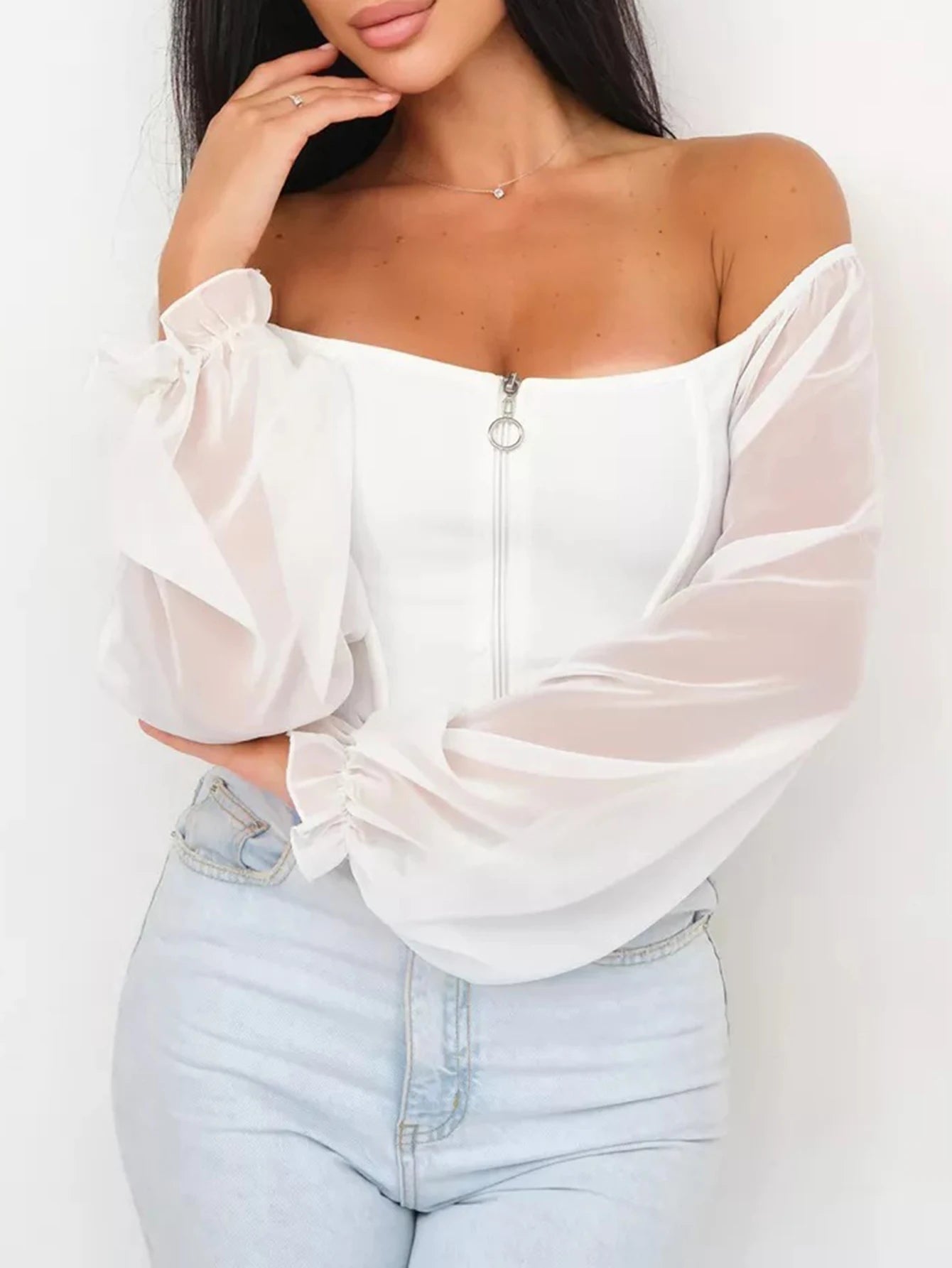 Women Mesh Crop Tops Long Sleeve See Throgh Blouse Casual Front Zip Tops Fashionable Deep V Neck Cropped Tight Waist T Shirt Off
