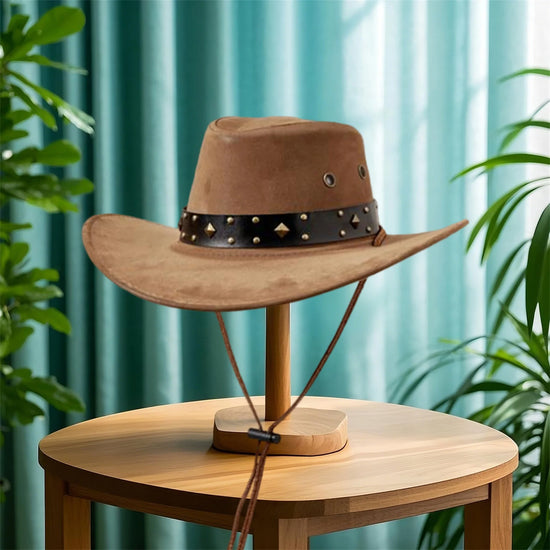 Vintage Leather Cowboy Hat for Men and Women with Concho Band and Wide Brim Stylish Western Cap for Outdoor Activities and Sun