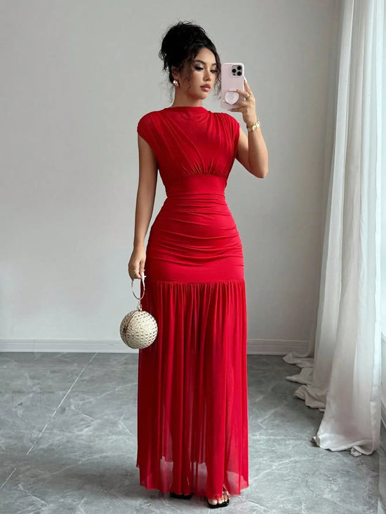 Solid Red Maxi Dress with Ruched Waist, Pleated Skirt, and Cap Sleeves for Evening Events