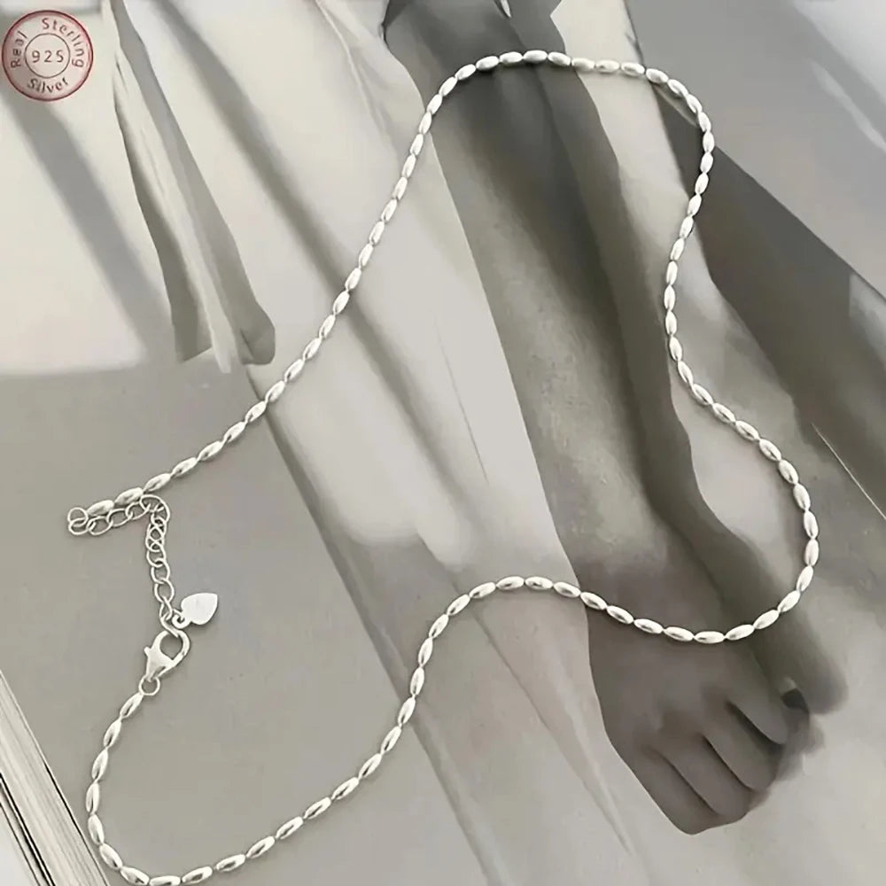 925 Sterling Silver Stacked Rice Grain Olive Beads Chain Necklace for Women Exquisite Simple Collarbone Chain Jewelry Gift USA