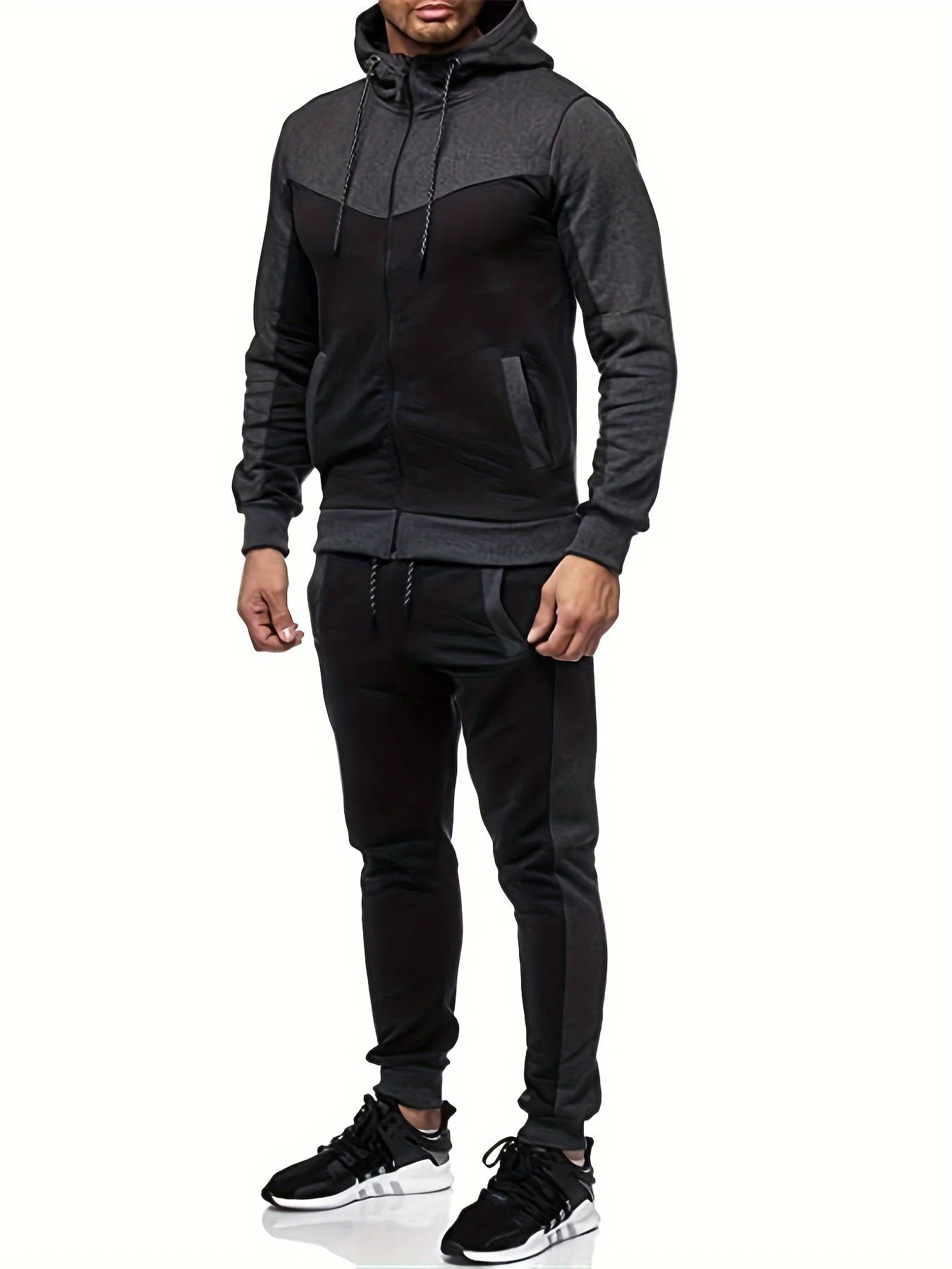 Autumn And Winter Men's Hooded Color Matching Leisure Sports Cardigan Set