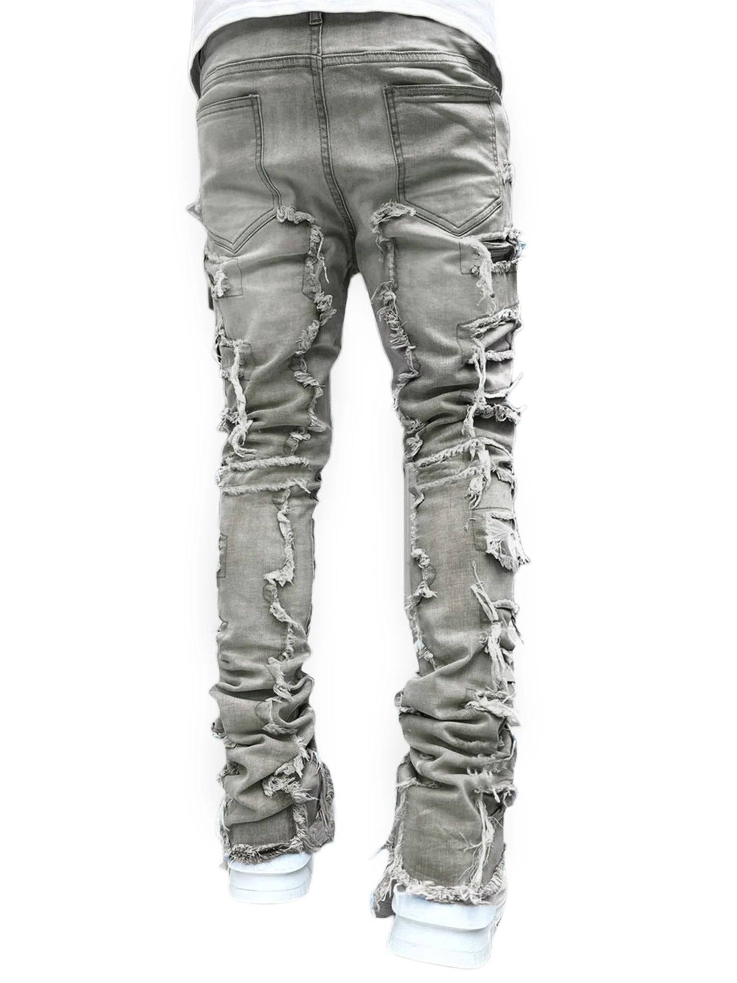 Men Skinny Pants Vintage Patch Frayed Denim Pants Spring Fall Casual Leggings Trousers with Pockets