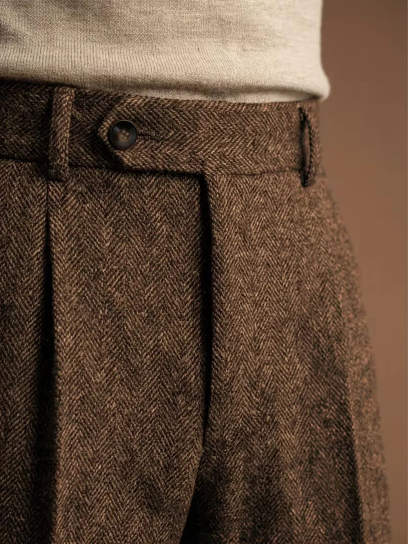 Men's Retro Herringbone Coarse Tweed Blend Straight Leg Trousers Classic Formal Business Office Leisure Attire Autumn Pants