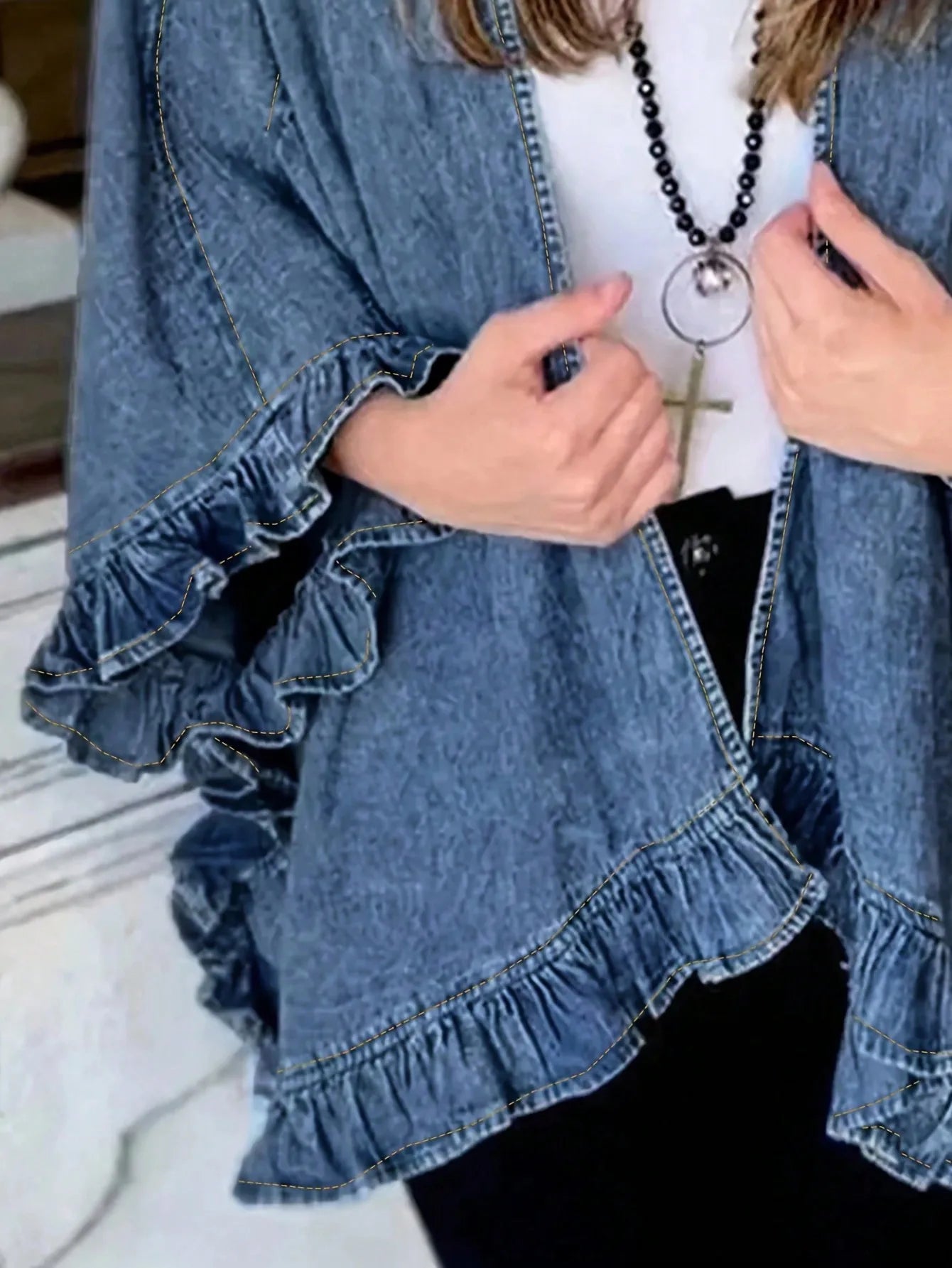 Women's Denim Jacket with Ruffled Sleeves | Boho Chic Open Front Lightweight Jacket for Women | Fall & Spring Distressed Casual