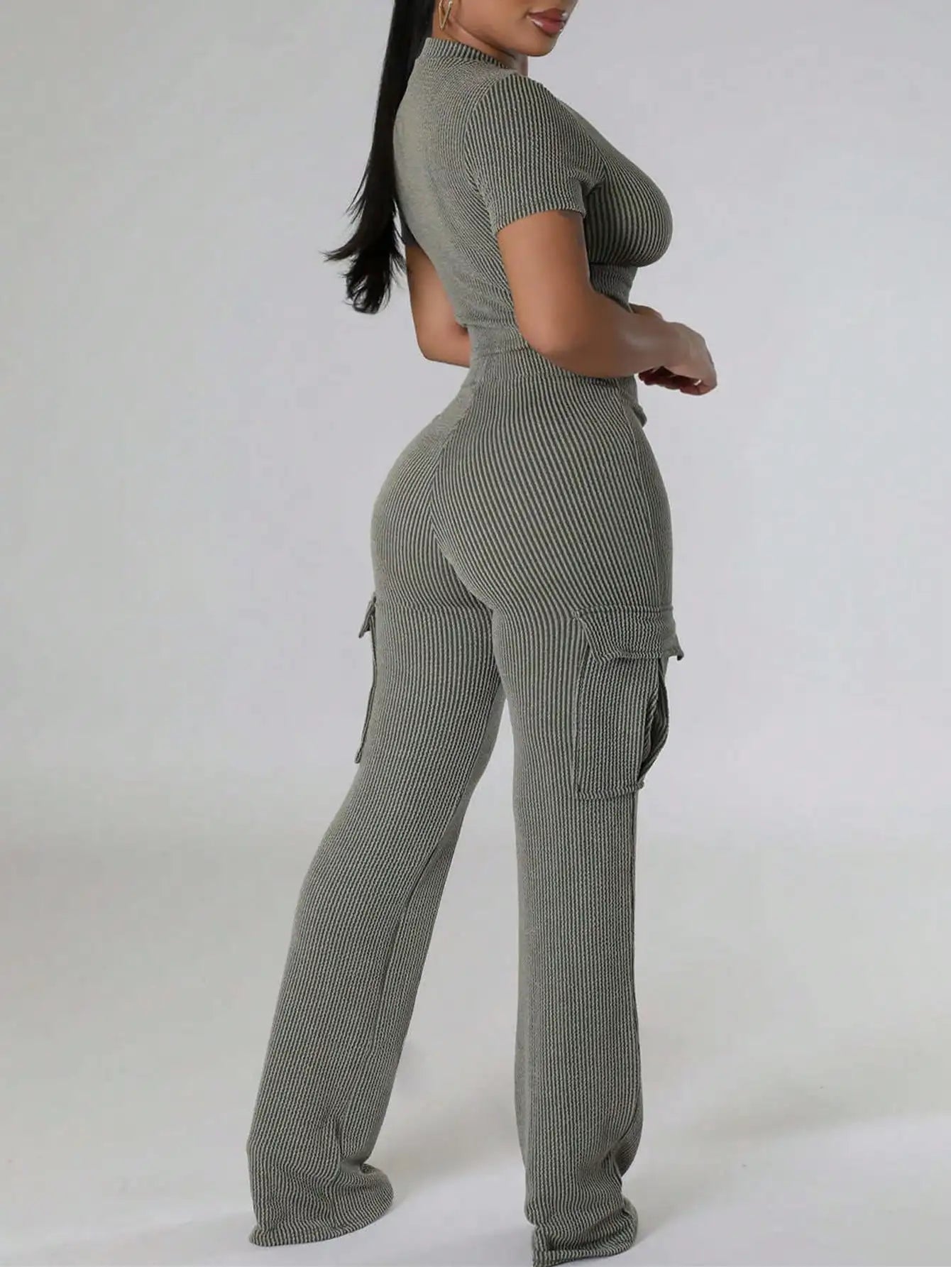 2025 latest women's two-piece ribbed short-sleeved cropped top and high-waisted wide-leg pants tracksuit