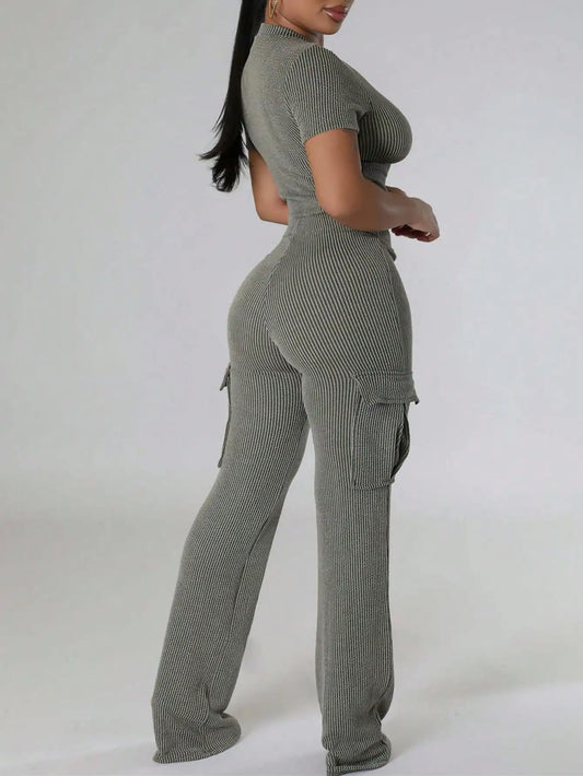 2025 latest women's two-piece ribbed short-sleeved cropped top and high-waisted wide-leg pants tracksuit