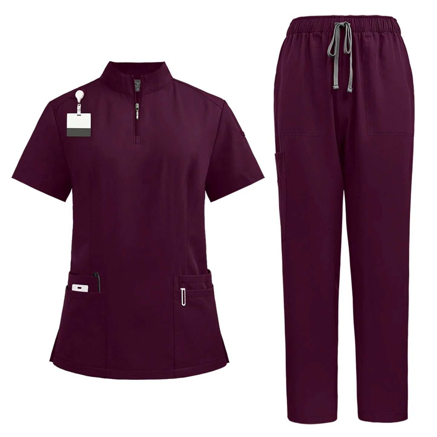 Women Two-Piece Set Solid Color Stand-Up Collar Short-Sleeve Top With Zipper Pocket And Matching Pants Professional Workwear