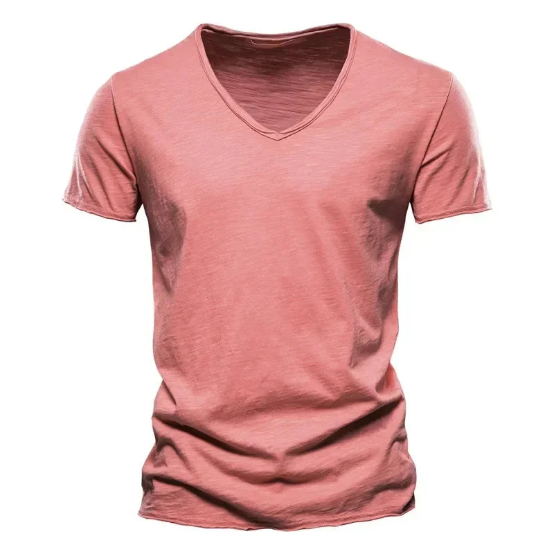2024 hot summer men's new solid color V-neck pure cotton short sleeved T-shirt hot selling men's T-shirt top