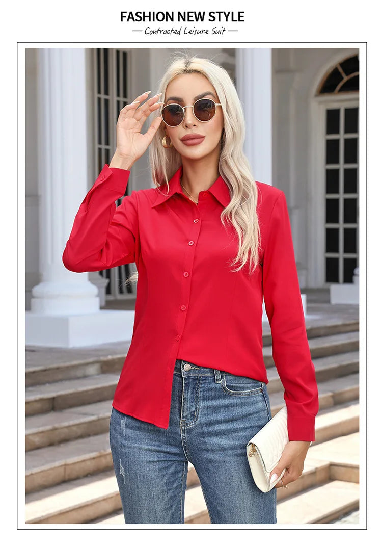 1pcs Woman Spring Autumn Solid color Shirts Lady Casual Long Sleeve Turn-down Collar Loose Shirt Female Fashion Temperament Tops