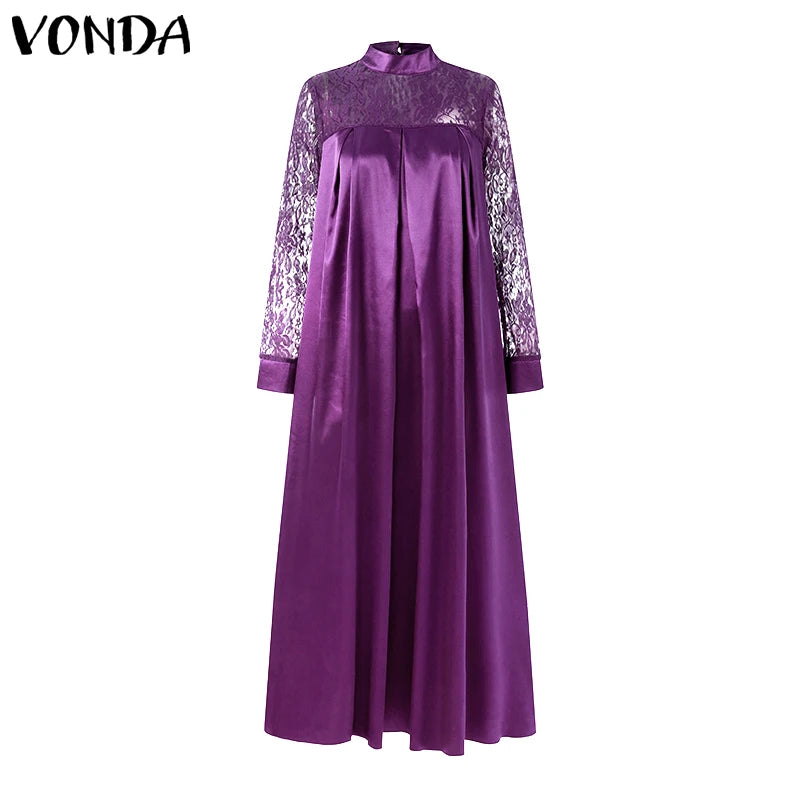 Elegant Women Summer Satin Maxi Dress 2024 VONDA Bohemian Lace Patchwork Long Sleeve Stand Collar Casual Long Dresses Robe Femme