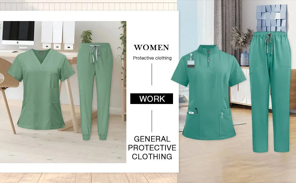 Women Two-Piece Set Solid Color Stand-Up Collar Short-Sleeve Top With Zipper Pocket And Matching Pants Professional Workwear