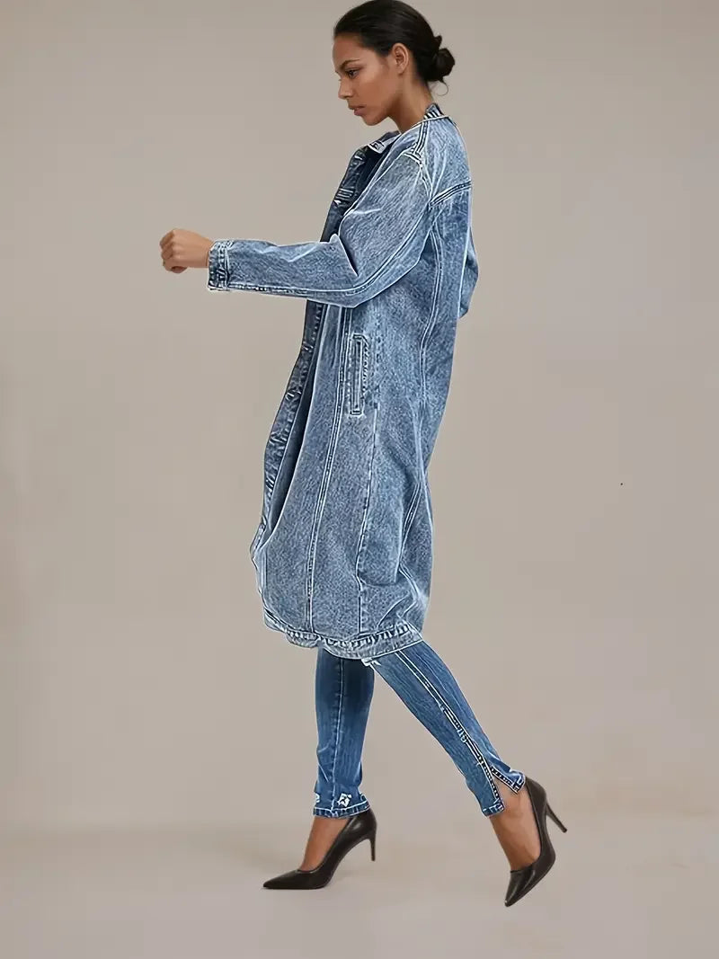 Women's Distressed Denim Trench Coat - Oversized Boyfriend Jacket with Button Closure & Long Loose Fit, Casual Streetwear