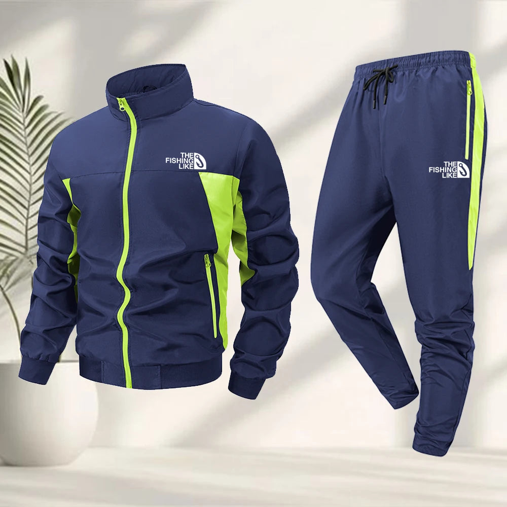 Men's Fishhook Print Tracksuit Set Stand Up Collar Jacket And Sweatpants Two Piece Set Casual Wear Fitness And Hiking Apparel