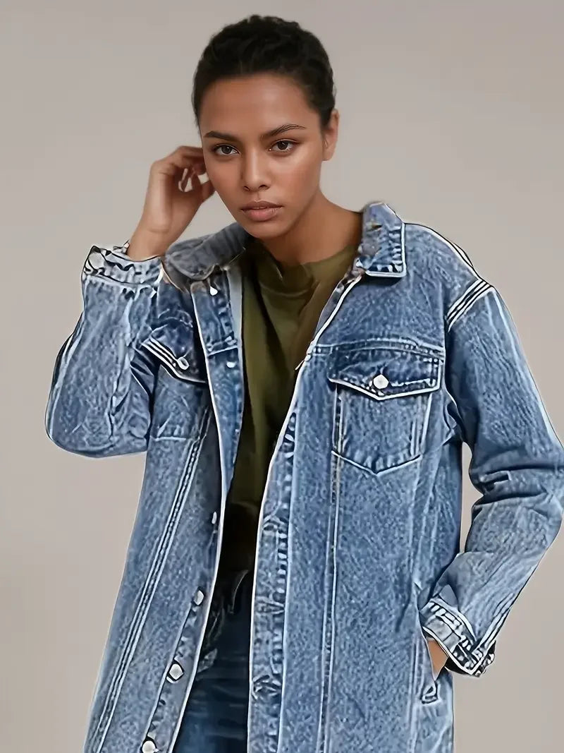 Women's Distressed Denim Trench Coat - Oversized Boyfriend Jacket with Button Closure & Long Loose Fit, Casual Streetwear