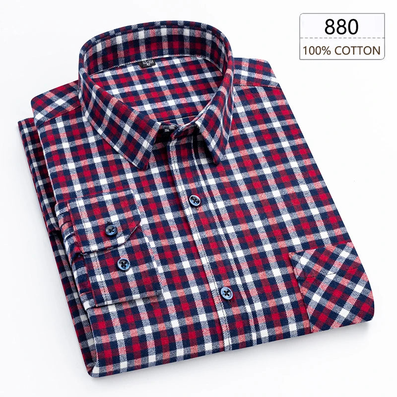 New Spring Long Sleeve Plaid Shirts For Men 100% Cotton Flannel Plus Size Easy Care Comfortable Top Casual Smart Dress Shirts