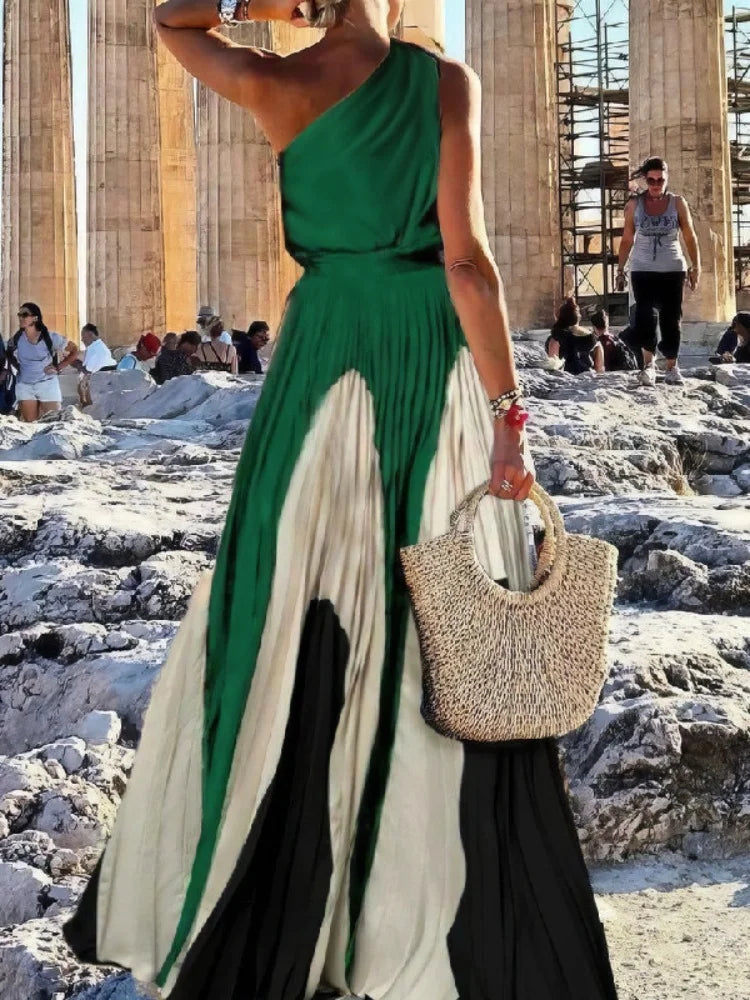 Women Fashion Printed Elegant Evening Maxi Dresses 2025 New Summer Sleeveless One-Shoulder Pleated A-line Long Dress