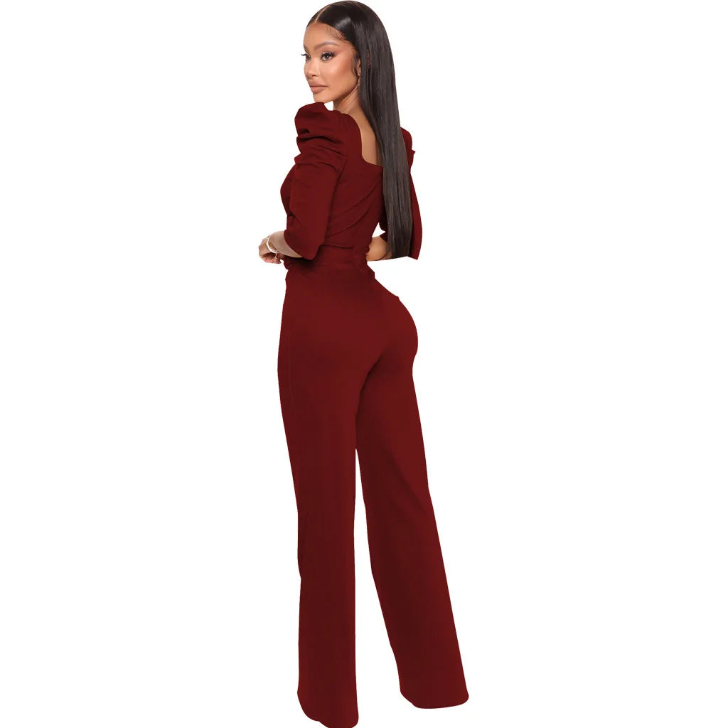 Sexy fashion solid color seven-quarter sleeve V-neck women's jumpsuit SMR10805