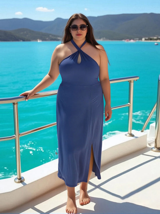 Elegant Plus Size Halter Dress with Sleeveless Design and A-line Cut for Daily Wear Parties Clubs and Travel