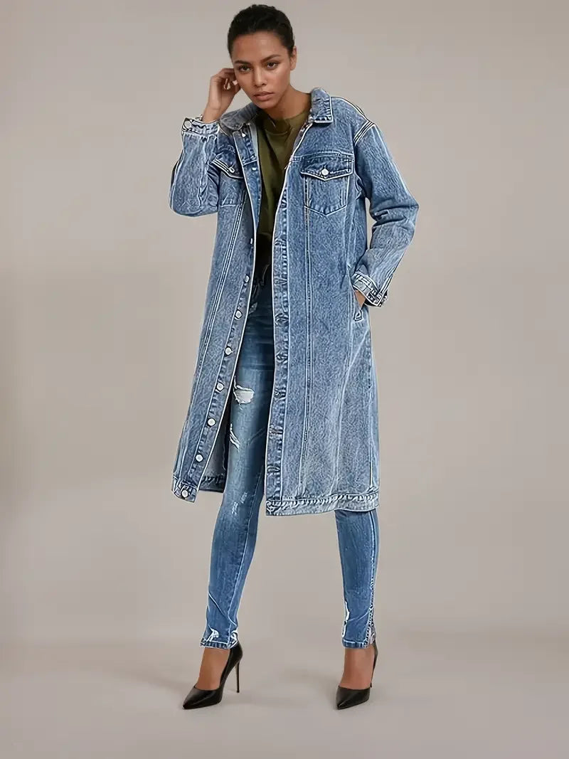 Women's Distressed Denim Trench Coat - Oversized Boyfriend Jacket with Button Closure & Long Loose Fit, Casual Streetwear