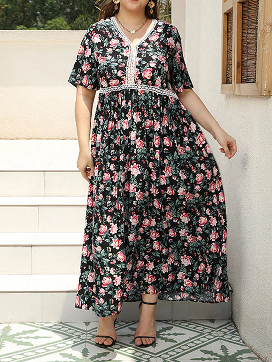 Women Plus Size Dress Boho Style Sleeveless Maxi Dress with Floral Print V-Neckline for Summer Beach Holiday Casual Wear