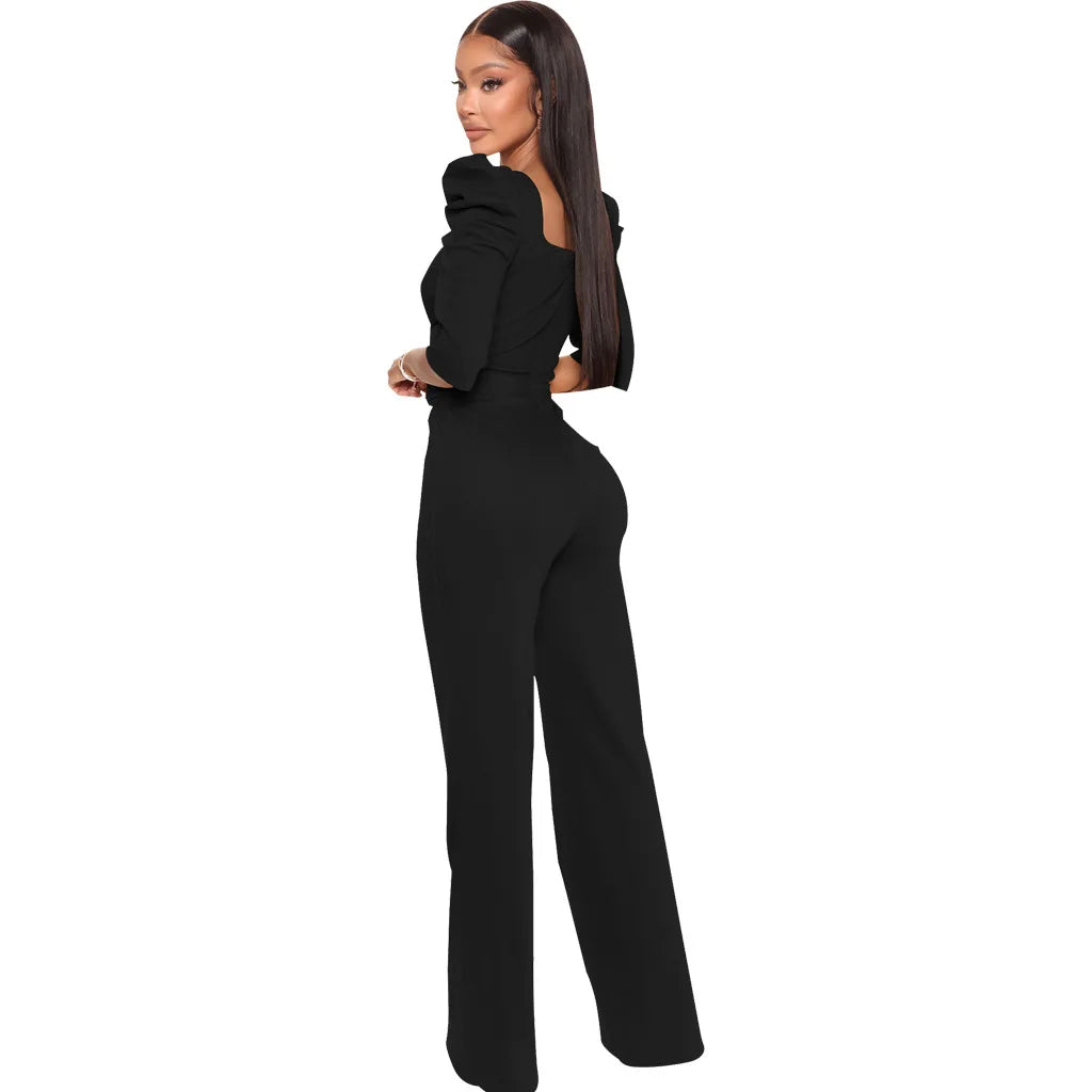 Sexy fashion solid color seven-quarter sleeve V-neck women's jumpsuit SMR10805