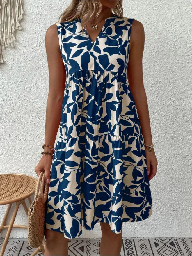 Women Boho Print Mini Dress Summer Elegant Sleeveless V Neck Ruffle A Line Tank Dress Casual Loose Oversize Beach Party Sundress