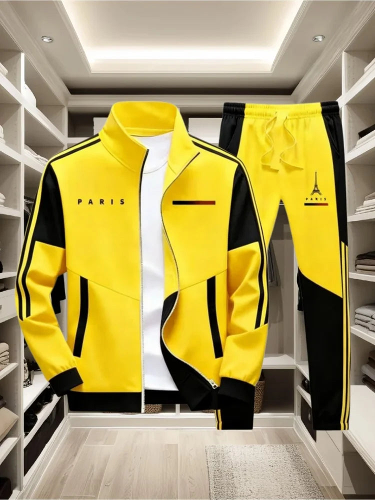 Men's Tracksuit New Contrast Color Stand Collar Zip Jacket + Elastic Waist Pant 2026 Casual Sportswear Jogger Suits Matching Set