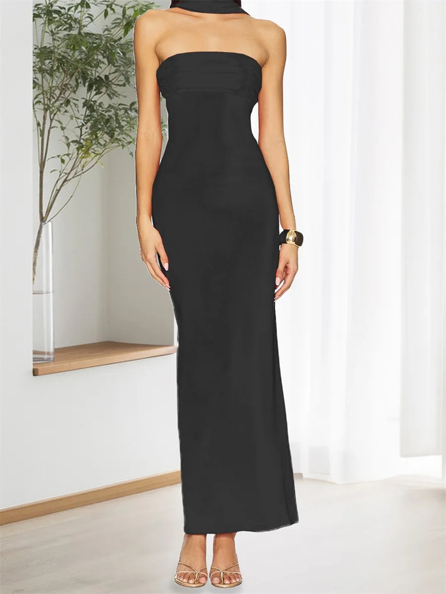 Elegant Off-Shoulder Maxi Dress with Side Slit and Tie Waist Detail Perfect for Summer Parties and Events