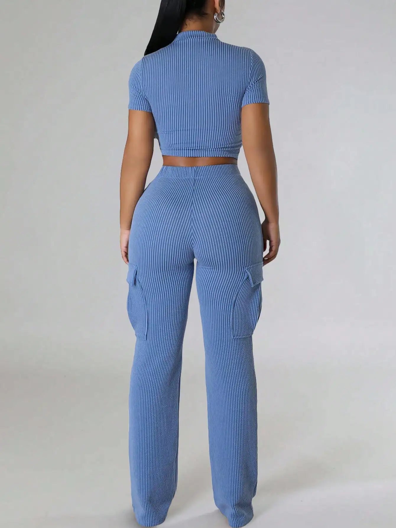 Women's Ribbed Knit Two-Piece Tracksuit - Short Sleeve Crop Top & High-Waisted Wide Leg Pants (Crewneck/Elastic Waist)