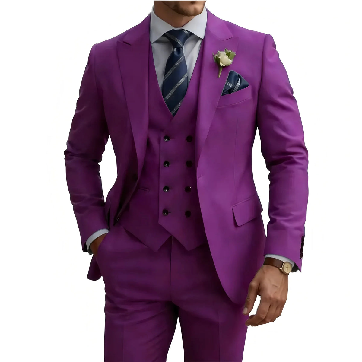 Slim Fit 3 Piece Men Suit Set, Formal Tuxedo Blazer Waistcoat Trousers for Wedding Prom Business Dinner Party